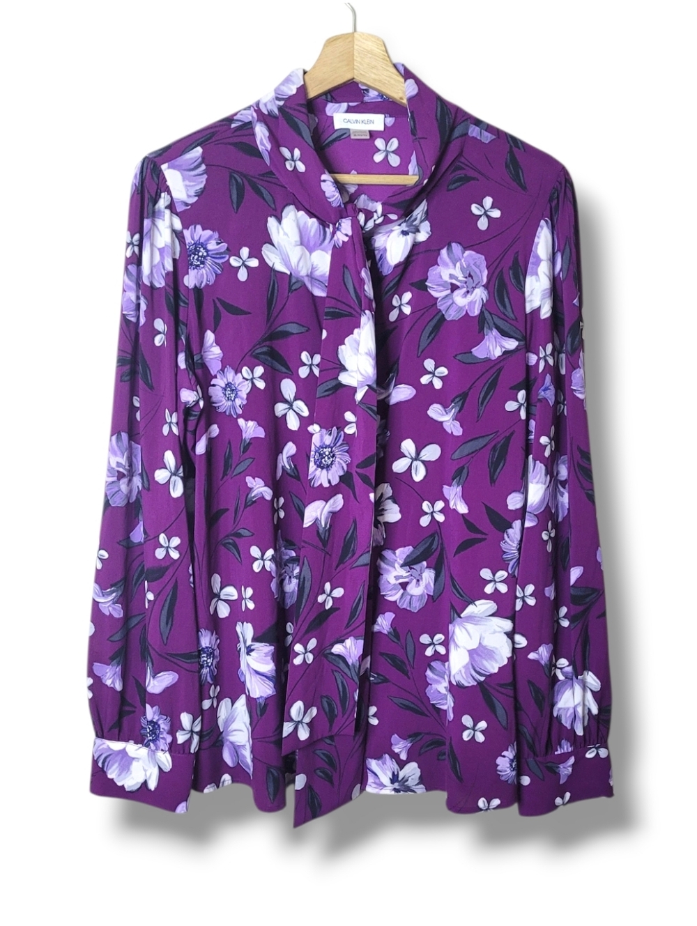 Calvin Klein XL Floral Long Sleeve Tie Neck Blouse